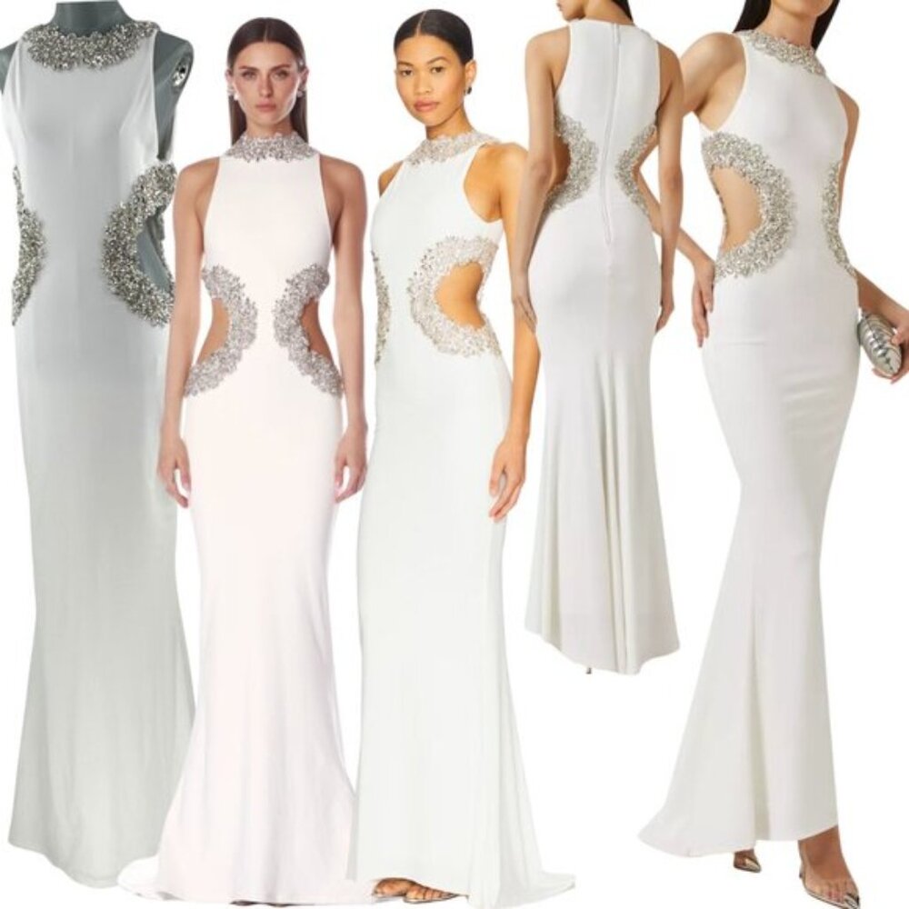 🆕 BRONX & BANCO 🧿 NWOT Camila Rhinestone Cut-Out Gown, White - Sz L US 8